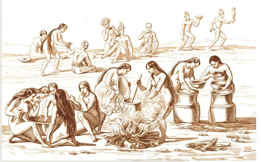 Gravura do século XVI mostrando mulheres indígenas preparando o cauim: umas mastigam a mandioca, outras cozinham em panelas sobre o fogo e enchem grandes potes de barro.